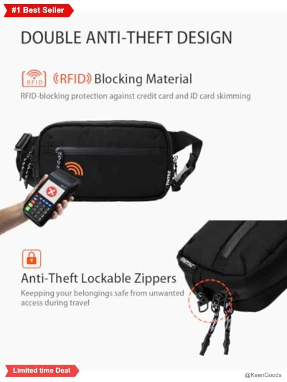 RFID Blocking Anti-Theft Sling Bag Waist Pack Water Resistant Nylon Crossbody